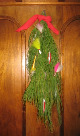 Christmas Greens made from Cassarina greens and fishing lures.